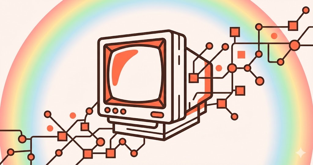 Abstract geometric illustration of a vintage CRT monitor shape dissolving into a network of modern connected nodes and lines. The minimalist design features warm coral accents and dark brown linework on a cream background, framed by a subtle rainbow gradient arc behind the monitor.
