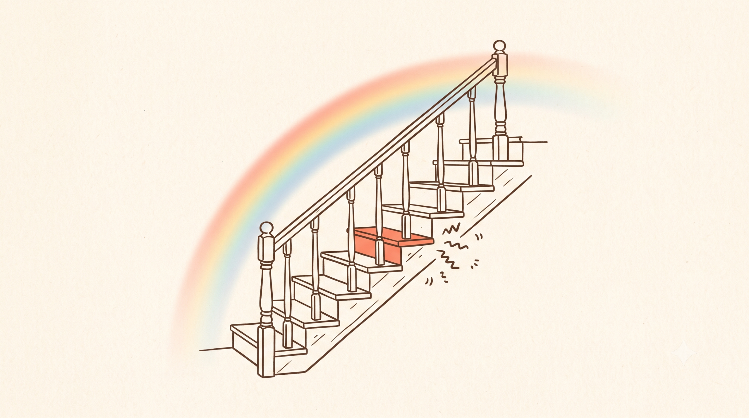 A minimalist, hand-drawn line art illustration of a wooden staircase against a warm cream background using dark brown linework. A single step in the middle of the staircase is filled with a warm coral accent color, accompanied by small, zig-zagging motion lines to indicate a squeak. A subtle, soft rainbow gradient arc sweeps behind the upper half of the stairs. The image has a calm, vintage-modern aesthetic with ample negative space.